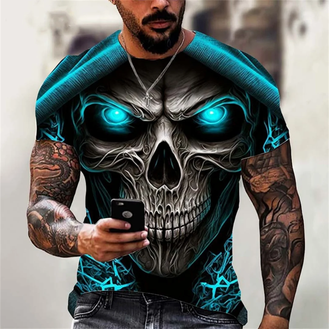 Novo 3d impresso t camisa masculina verão vintage crânio impressão topos diabo manga curta moda o pescoço rua camisas de grandes dimensões dos homens