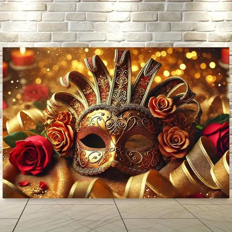 2D Flat, 1pc Large 8x6ft Golden Venetian Mask & Red Roses Backdrop Banner - Luxurious Polyester Fabric Wall Decor with Ornate Ve