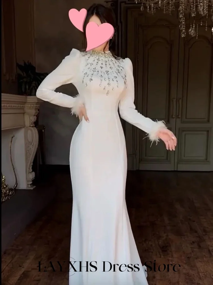 LAYXHS Elegant Formal Evening Dresses Long Sleeves Shiny Beaded Feather Mermaid Prom Dresses Customized فستان سهرة نسائي