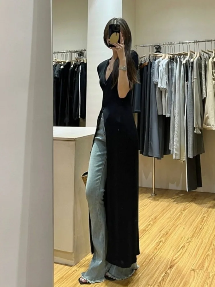 2024 Summer New V-neck Black Dress for Women Fashion Slim Fit Knitted Dressses Y2k E-Girl Mid-length Vestidos Mujer
