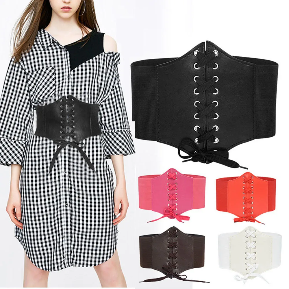 Women's Wide Corset Belt Gothic Style PU Leather Lace Up Belts Slimming Waist Cummerbunds high Elastic Wide Belt for Girl