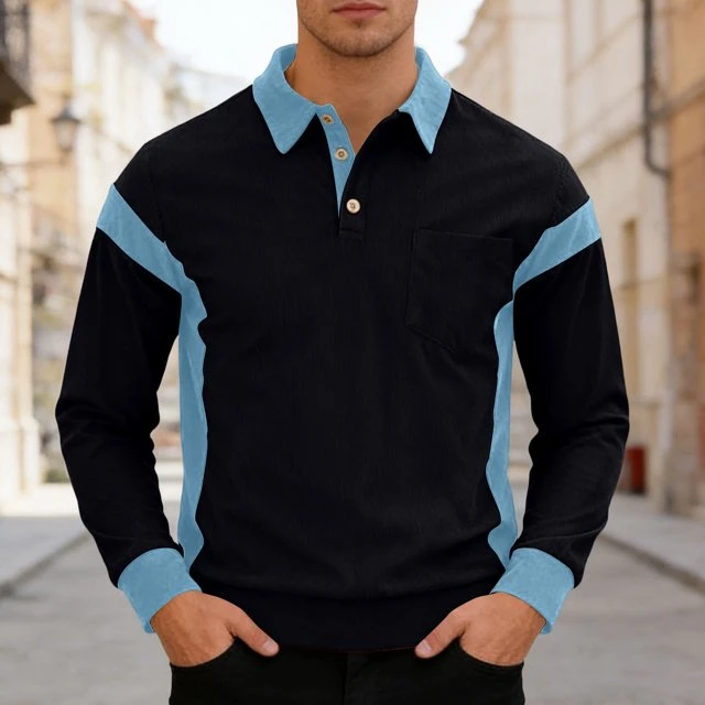 2025 New Arrival Mens Colorblock Polo Shirts Fashion Lapel Long Sleeve Pullover Tops With Buttons For Business Casual Streetwear