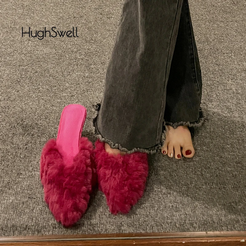 Luxury Kitten Heel Furry Mule Slides Women Rose Pink Sexy Slippers Ladies Pointy Toe Stiletto Plush Sandals Winter Party Shoes