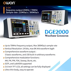 OWON DGE2035/DGE2070 oscyloskop cyfrowy 14 bitów podwójne kanały 70 MHz 300MSa/s PC pilot Generator przebiegów dowolnych