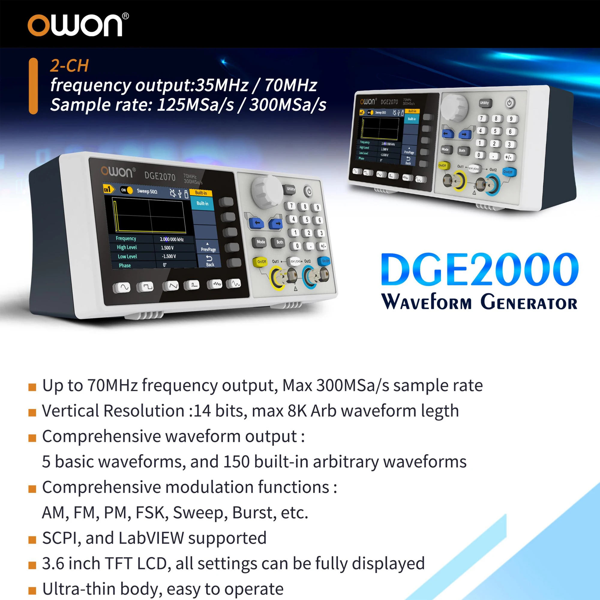 OWON DGE2035/DGE2070 Digital Oscilloscope 14Bits Dual Channels 70 MHz 300MSa/s PC Remote Control Arbitrary Waveform Generator