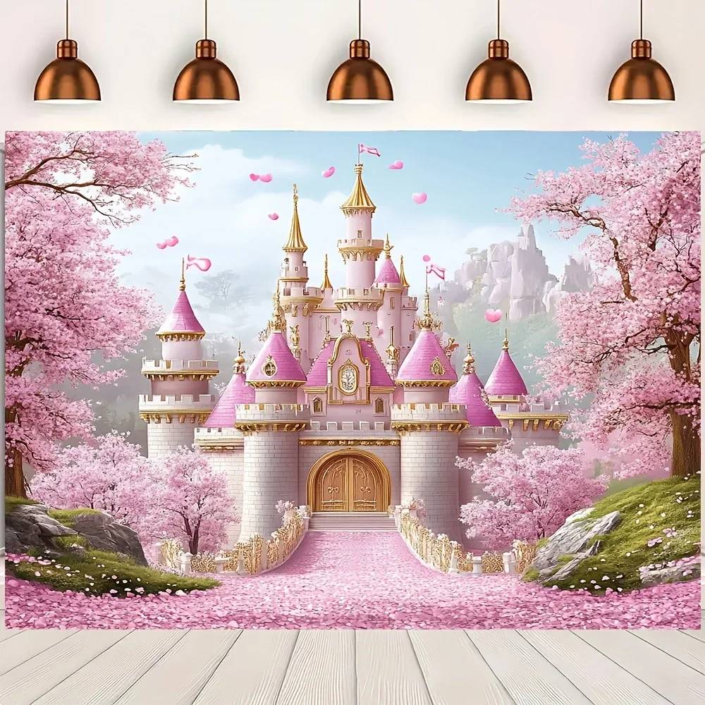 Fondo de Castillo rosa de cuento de hadas, decoración de fiesta de cumpleaños de princesa para niñas, pancarta, fondo de fotografía de flores de cerezo de primavera