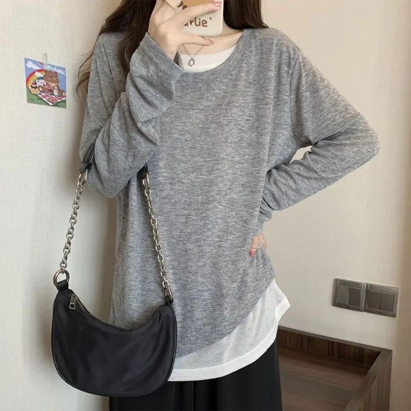 Basic Long Sleeve Loose Pullovers 2024 Spring Autumn Fake Two Pieces Patchwork Women's Clothing Solid Color Asymmetrical T-shirt
