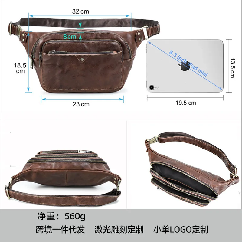 HTS-MB260 حقيبة صدر للرجال مصنوعة يدويًا من الجلد بطبقة رأس، حقيبة خصر رياضية كاجوال للرجال