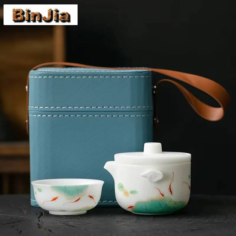 

Фарфоровый дорожный чайный сервиз из баранины, жирный нефрит, домашний ручная роспись, лотос, 1 горшок, чашка, портативная кожаная сумка, поделки