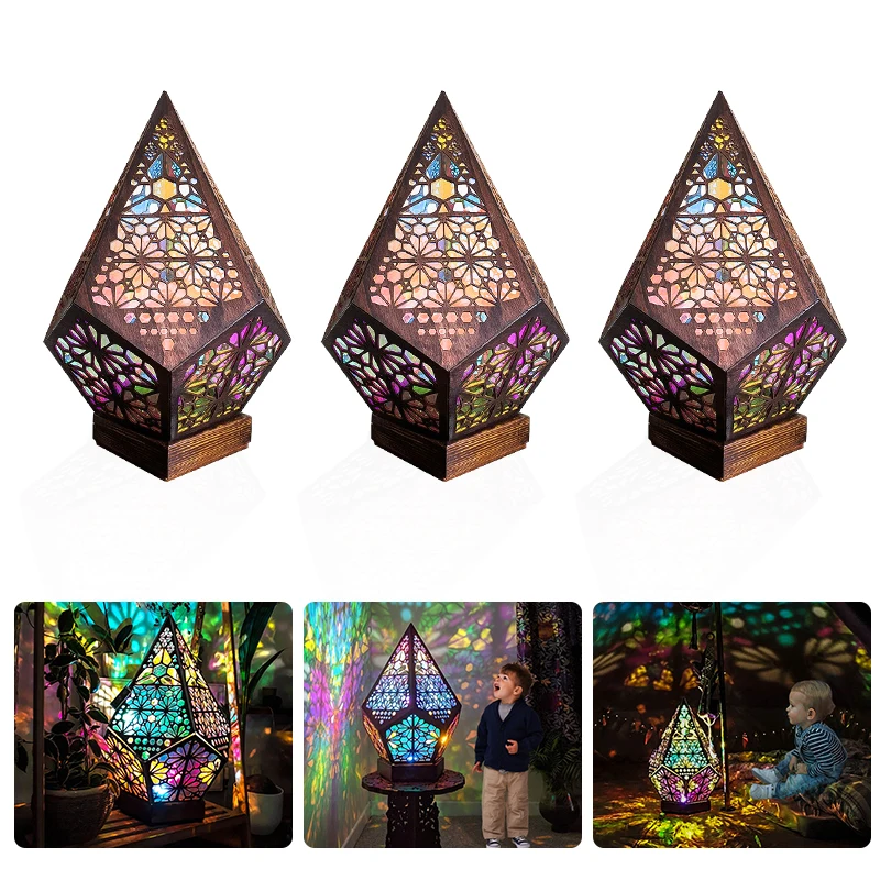 E2 Wooden Hollow Novelty Light LED Projection Night Lamp Bohemian Colorful Projector Desk Lamp Home Decor Atmosphere Lighting