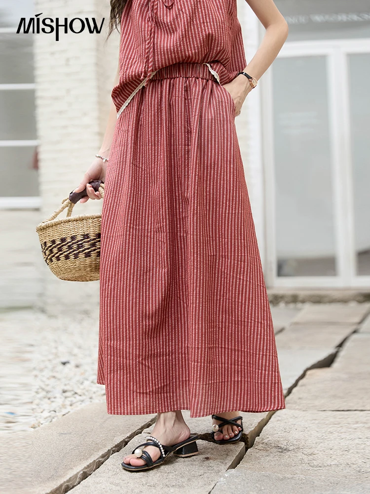 MISHOW, blusa sin mangas a rayas rojas francesas, falda con cintura elástica por separado para mujer, falda ajustada de cintura con tirantes para