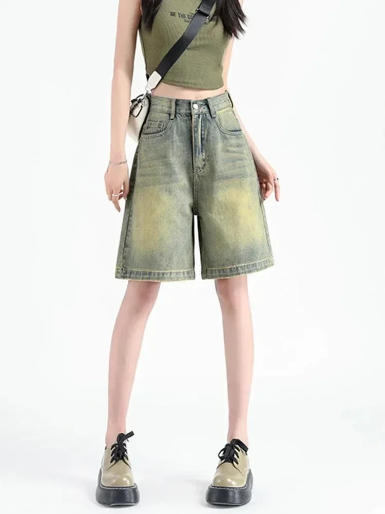 Women's Retro Sweet Cool Style High Waisted Denim Shorts, New Summer Korean Fashion Casual Versatile Women Street Wide Leg Pants