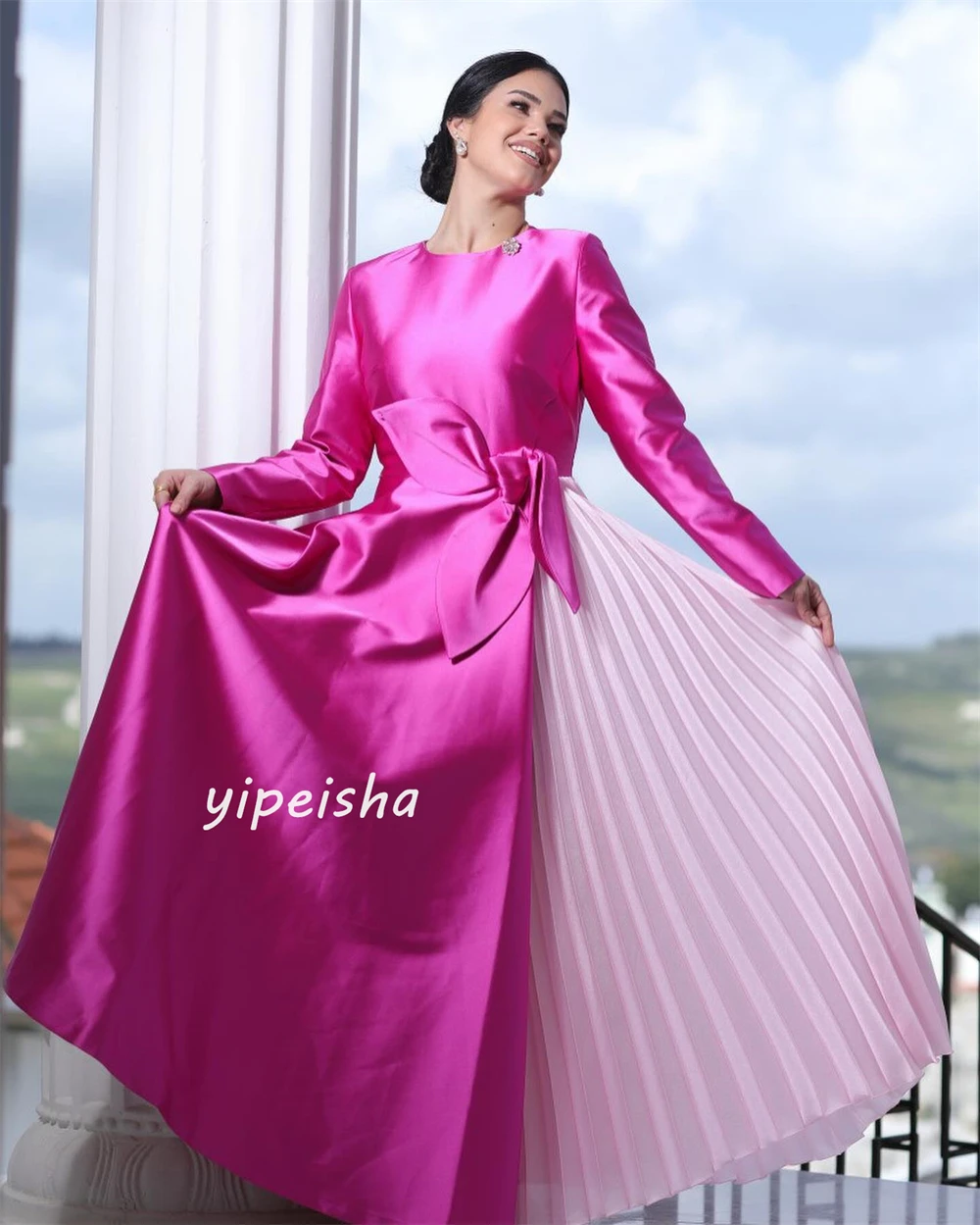 Customized Satin Handmade Flower Draped Prom A-line O-Neck Bespoke Occasion Gown Midi Dresses