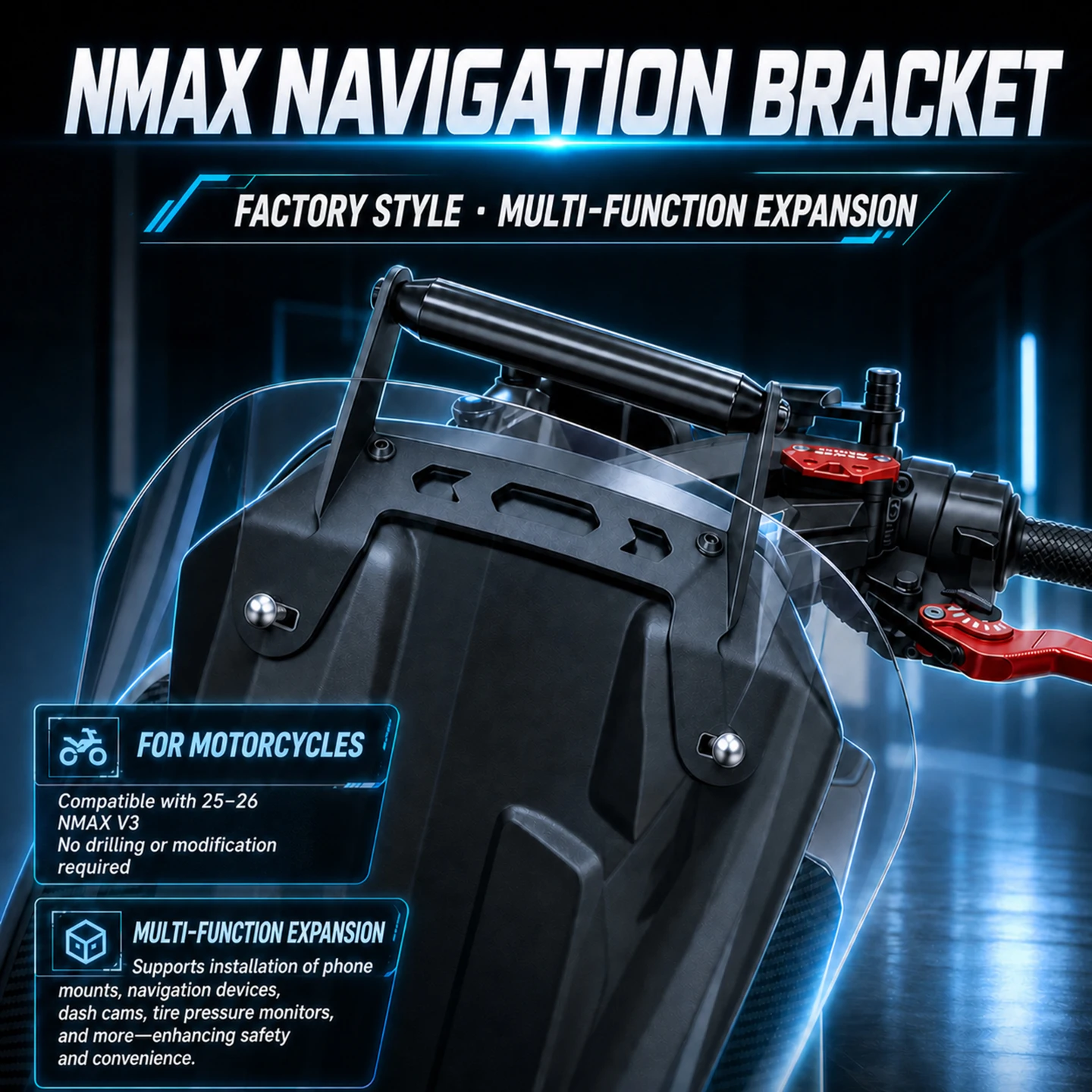 Suitable for 25-26 Yamaha NMAX155 mobile navigation bracket, original factory windshield straight up expansion bracket modificat