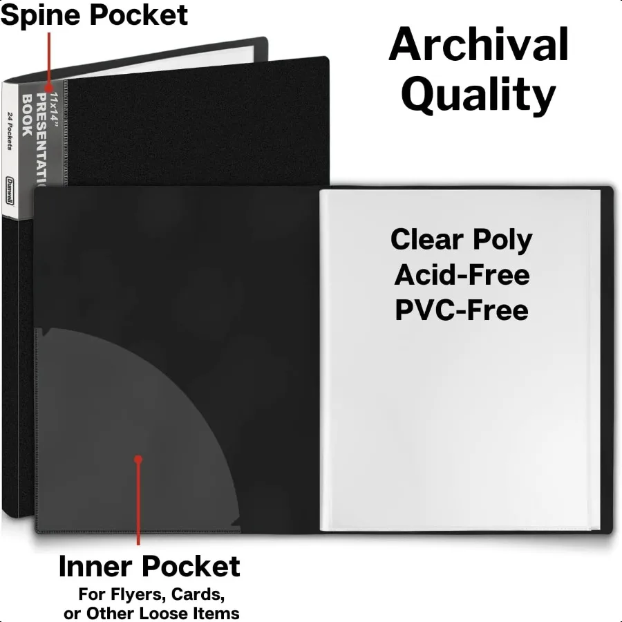 11x14 Binder with Sleeves Black 24 Pockets Display 48 Pages Large Folder with Plastic Sleeves 11x14 Presentation Book with Prot