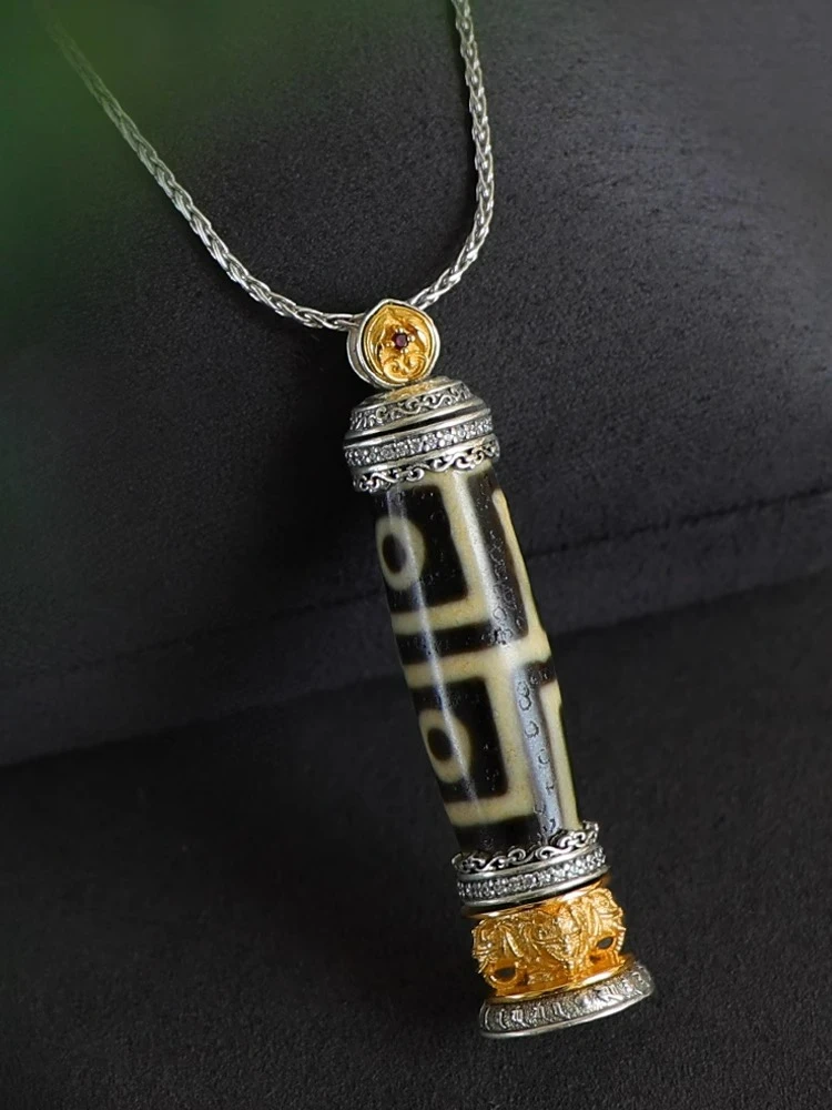 

Peace Elephant & Dzi Bead Necklace Pure Silver Agate, Tibetan Auspicious Pendant Original Design