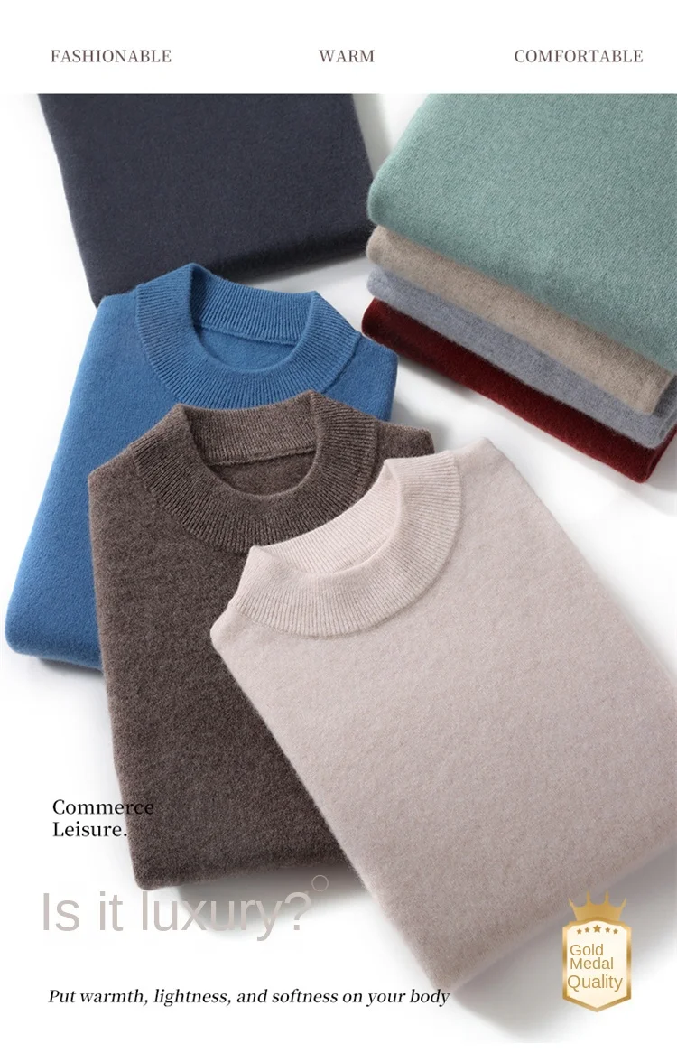 Herren-Pullover aus 100 % reiner Merinowolle, halbhoher Ausschnitt, einfarbig, Übergröße, lässiger Pullover, Herbst- und Wintersport-Kaschmir-Oberteil – Detail 6