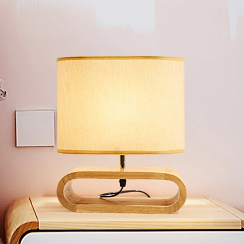 AT64 Nightstand Table Lamp With E27 Warm Light Nordic Wood Base Table Lamp Cloth Lampshade Table Lightsdesk Lamp EU Plug