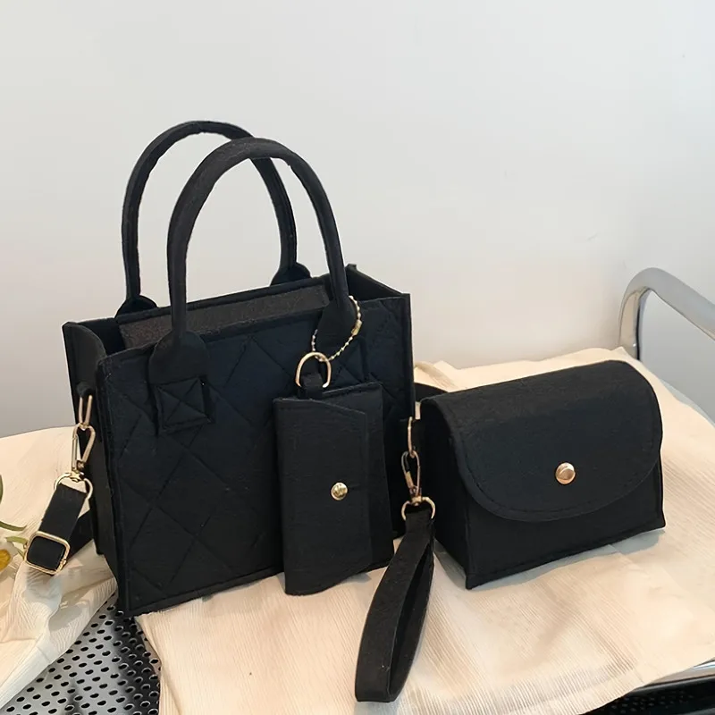 3 Stück/Set geprägte Damenhandtasche, stilvolle Umhängetasche, Clutch und Geldbörse, einfarbige quadratische Umhängetasche, Stoff für den täglichen Gebrauch – Detail 11