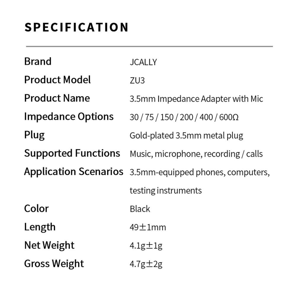 JCALLY ZU3 3.5mm Impedance Adapter With Mic 75 150 200 400 600 ohm