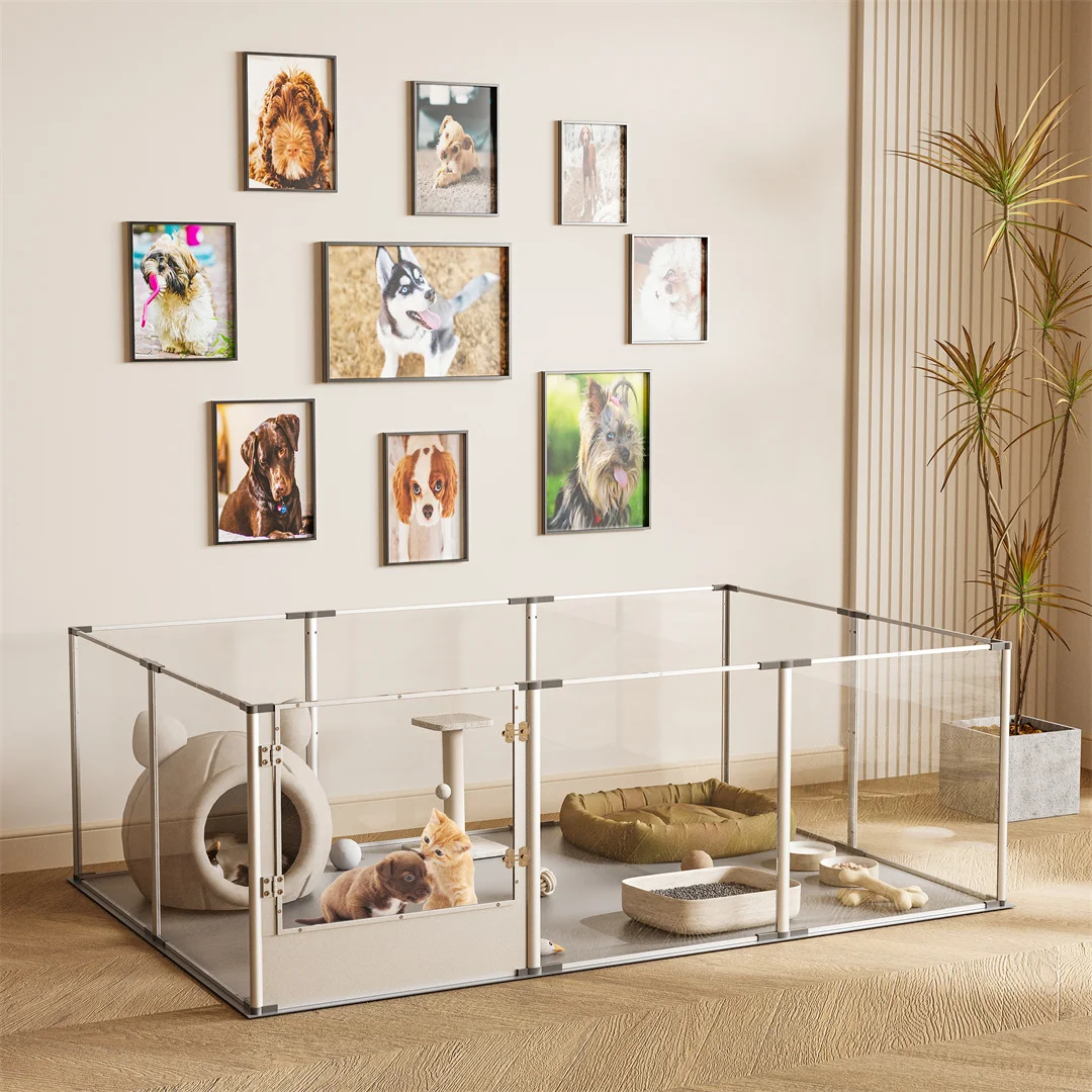 180cm Clear Acrylic Dog Playpen with Whelping Pad Indoor Pet Exercise Pen Puppy Enclosure for Cats and Dogs