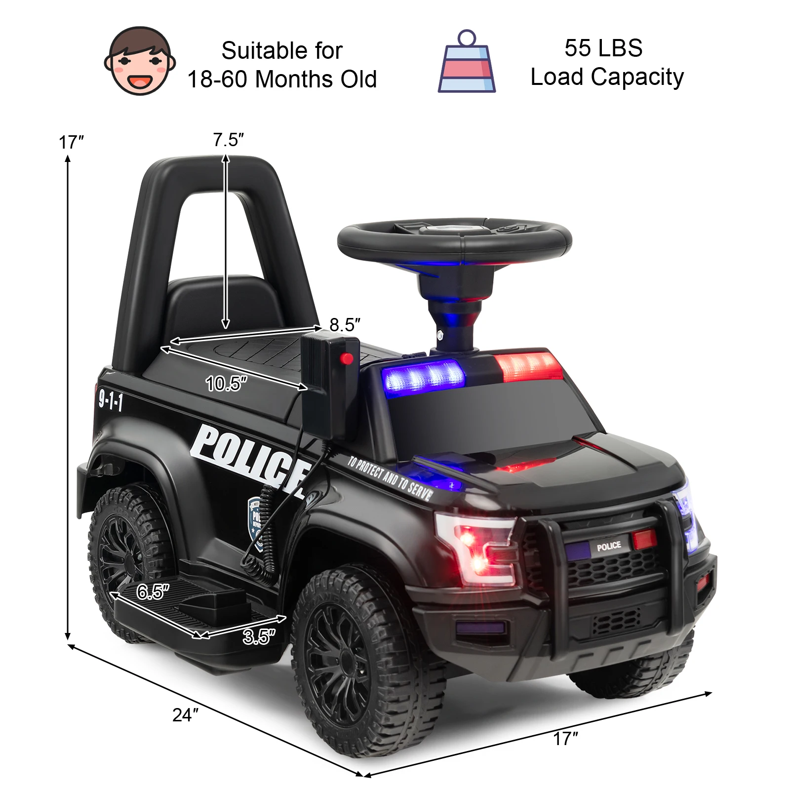 2-in-1 6V Kids Ride On Police Car Toddler Push Car w/ Megaphone & Siren Black