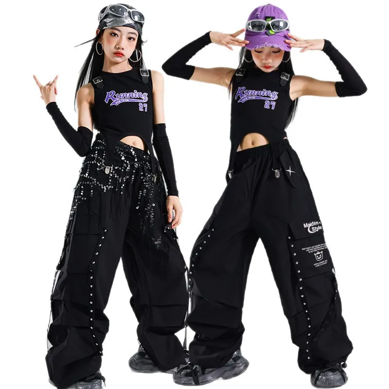 2025 Costumi di danza jazz per ragazze Gilet nero Pantaloni cargo Abbigliamento da ballo di strada Abbigliamento da ballo hip-hop per bambini