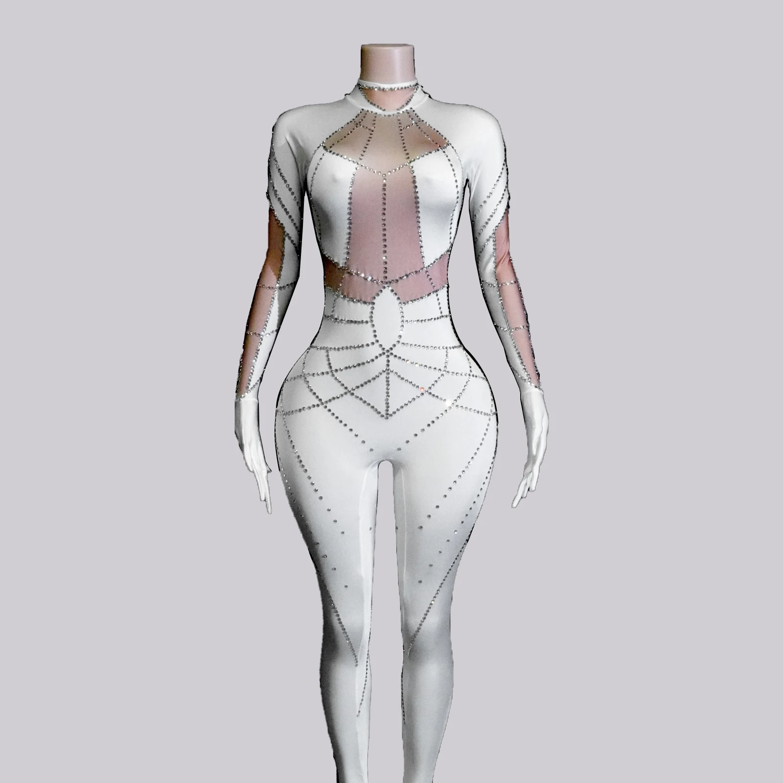 Sparkle White Rhinestones Long Sleeve Jumpsuits Drag Queens Costume Stage Clothes Gogo NightClub Pole Dance Performance Club DS