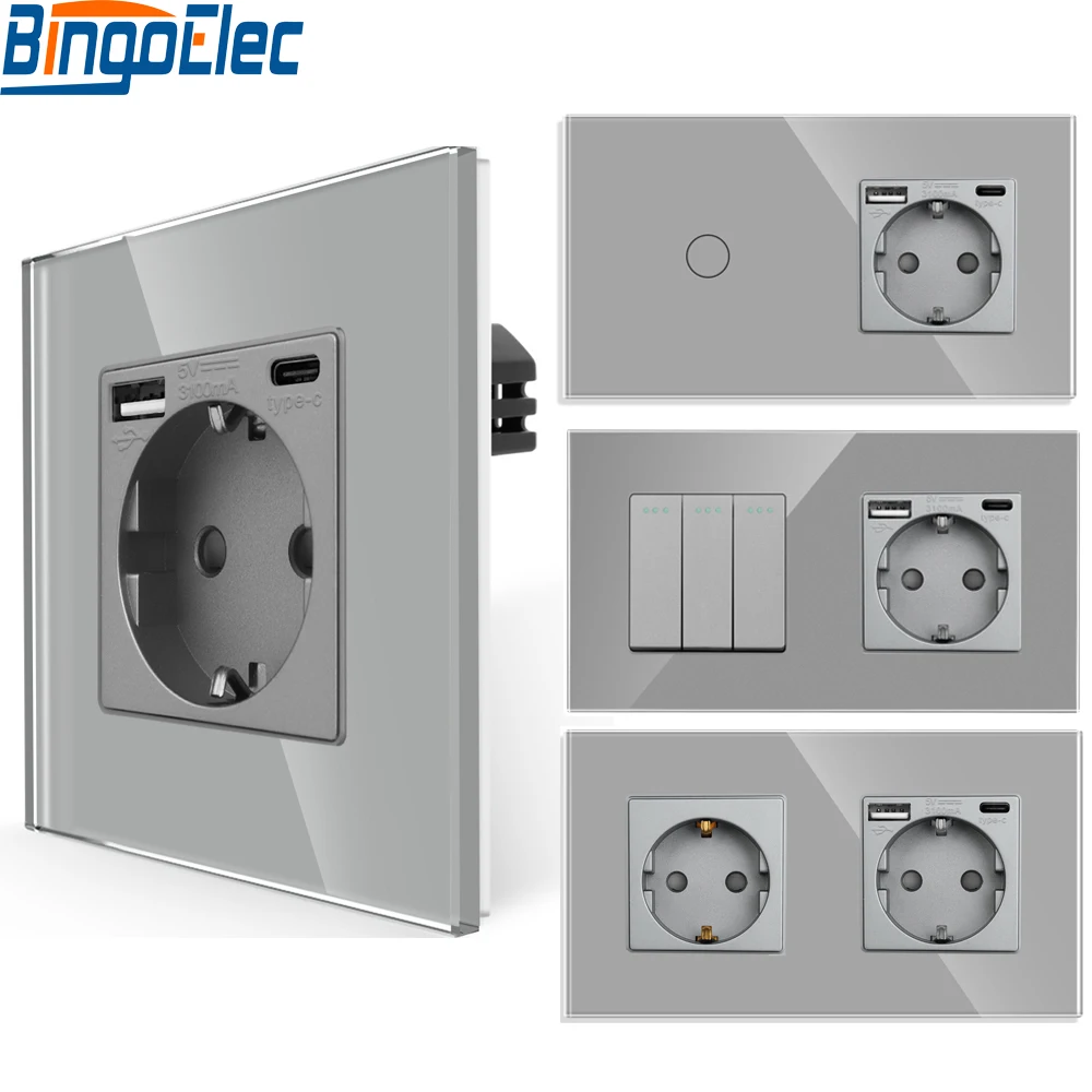 Bingoelec EU Standard Wall Light Switch gray Crystal Glass Panel Switch Panel With Wall Socket With tomada usb type-c