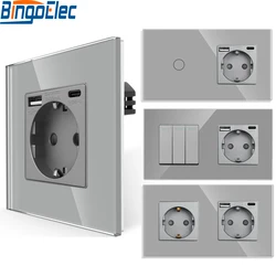 Bingoelec EU Standard Wall Light Switch gray Crystal Glass Panel Switch Panel With Wall Socket With tomada usb type-c