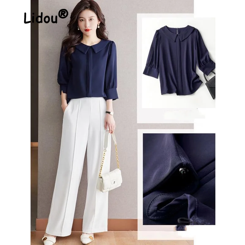 Fashion Summer Solid Color Thin Blouse Women Classic 3/4 Sleeve Elegant O-collar Office Versatile Pullover Lady Chiffon Shirt