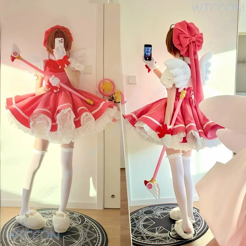 

Anime Cardcaptor Sakura Kinomoto Sakura Cosplay Wing Fight Uniform Outfit Card Captor Roleplay Fullset Costume Pink Lolita Suit