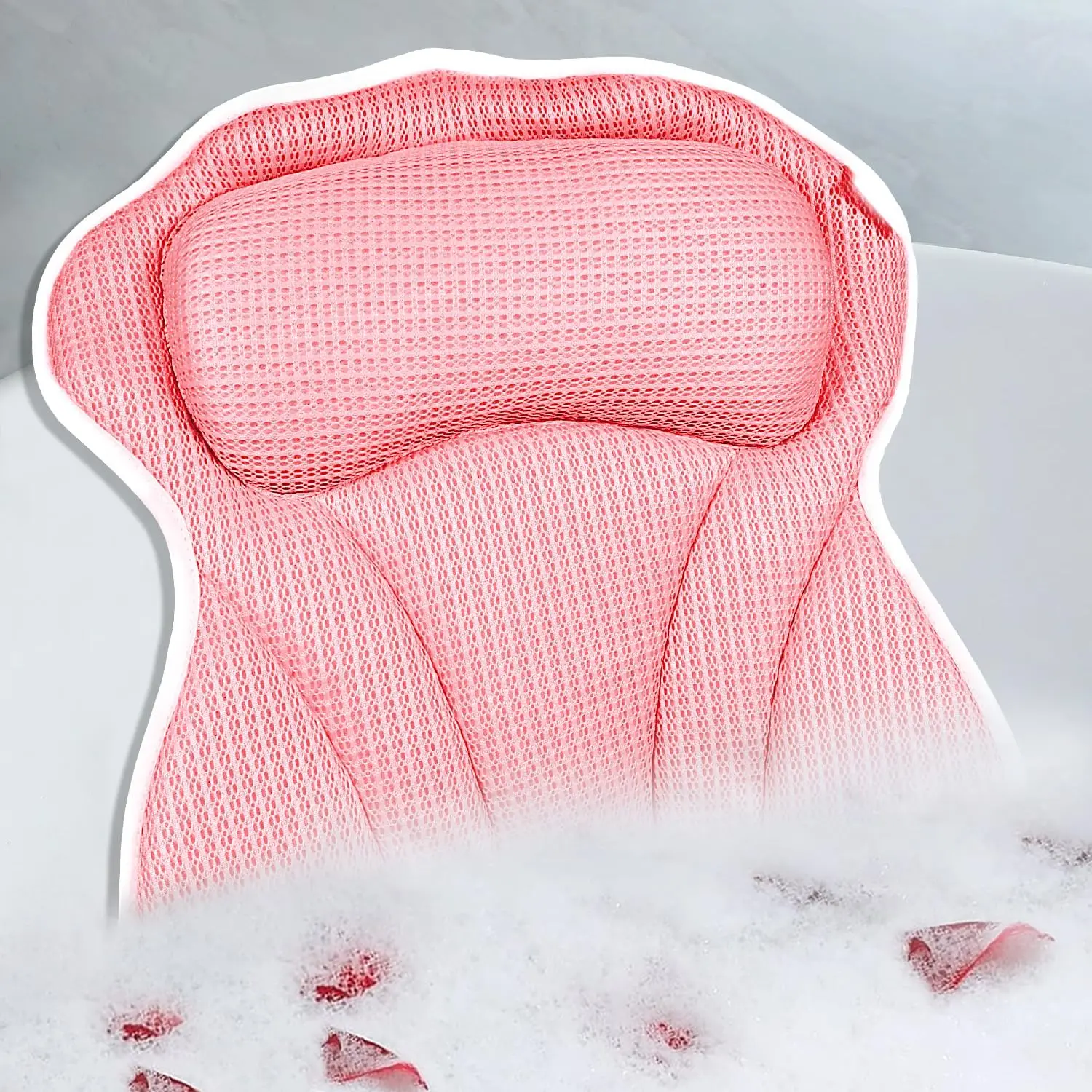 

Bath Pillow with 6 Suction Cups for Neck and Back Support, 4D Air Mesh, Spa Gift in Pink