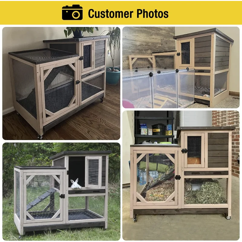 Aivituvin Rabbit Hutch Rabbit Cage Indoor Bunny Hutch with Run Outdoor Rabbit House with Two Deeper No Leak Trays - 4 Casters