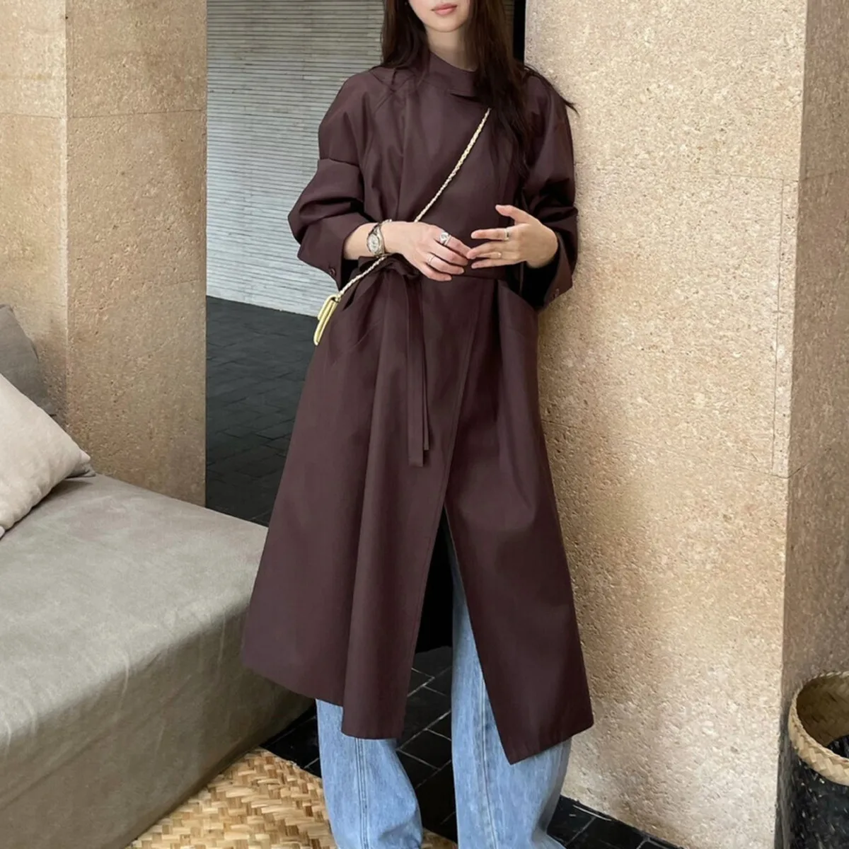 KWTX New Women’s Long Trench Coat Autumn Winter Solid Belted Stand Collar One Button Casual Chic Designer Elegant Vintage Style