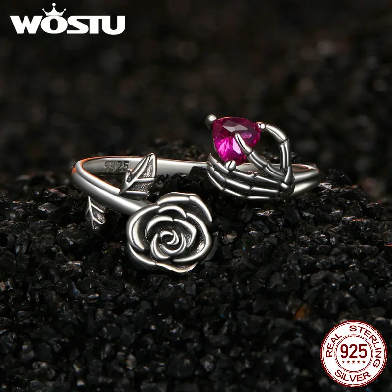 WOSTU 925 Sterling Silver Red Rose Ring Spider Skull Flying Dragon Vintage Iris Open Ring for Women Fine Jewelry Christmas Gift view 3