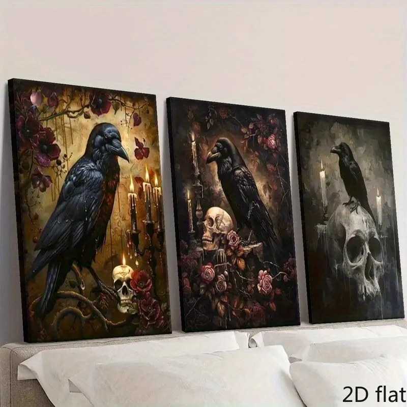 （No Frame 3PCS）-2D Flat, 3pcs of 2D Flat Canvas Printed Art, Skull and Crow Art, Dark Fantasy Art, Gothic Mysterious Horror A
