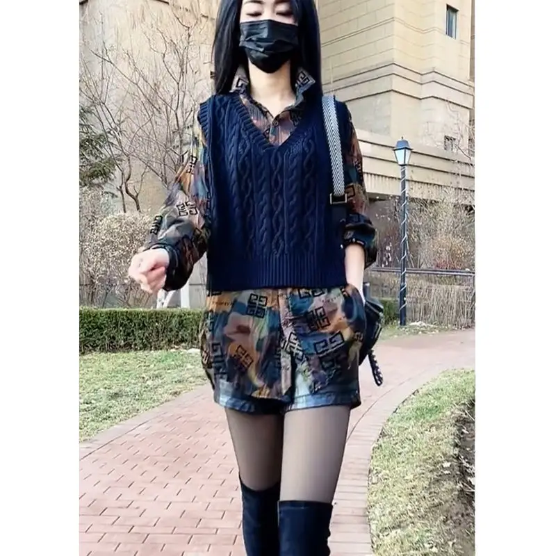 Estilo artístico gola polo camo impresso camisa primavera outono casual solto algodão linho topos temperamento roupas da moda para mulher