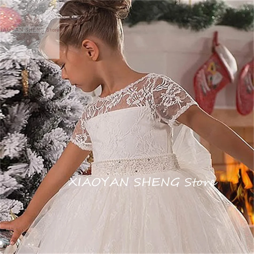 Vestido largo de encaje de tul esponjoso blanco con cinturón de flores para niña, vestido de boda para niña, vestido de fiesta de eucarista para niños