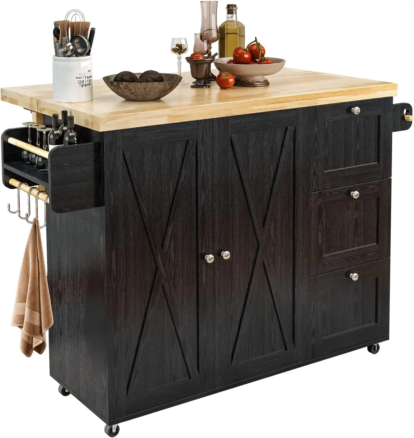 IRONCK Rolling Kitchen Island Cart with Drop-Leaf Countertop, Barn 3Drawers, Thicker Rubberwood Top, Spice Rack, on Wheels