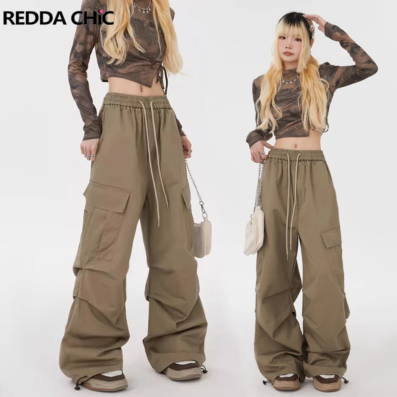 

REDDACHiC Khaki Plain Pleated Cargo Pants Women Hiphop Big Pockets Drawstring Waist Straight Wide Leg Parachute Pants Work Wear