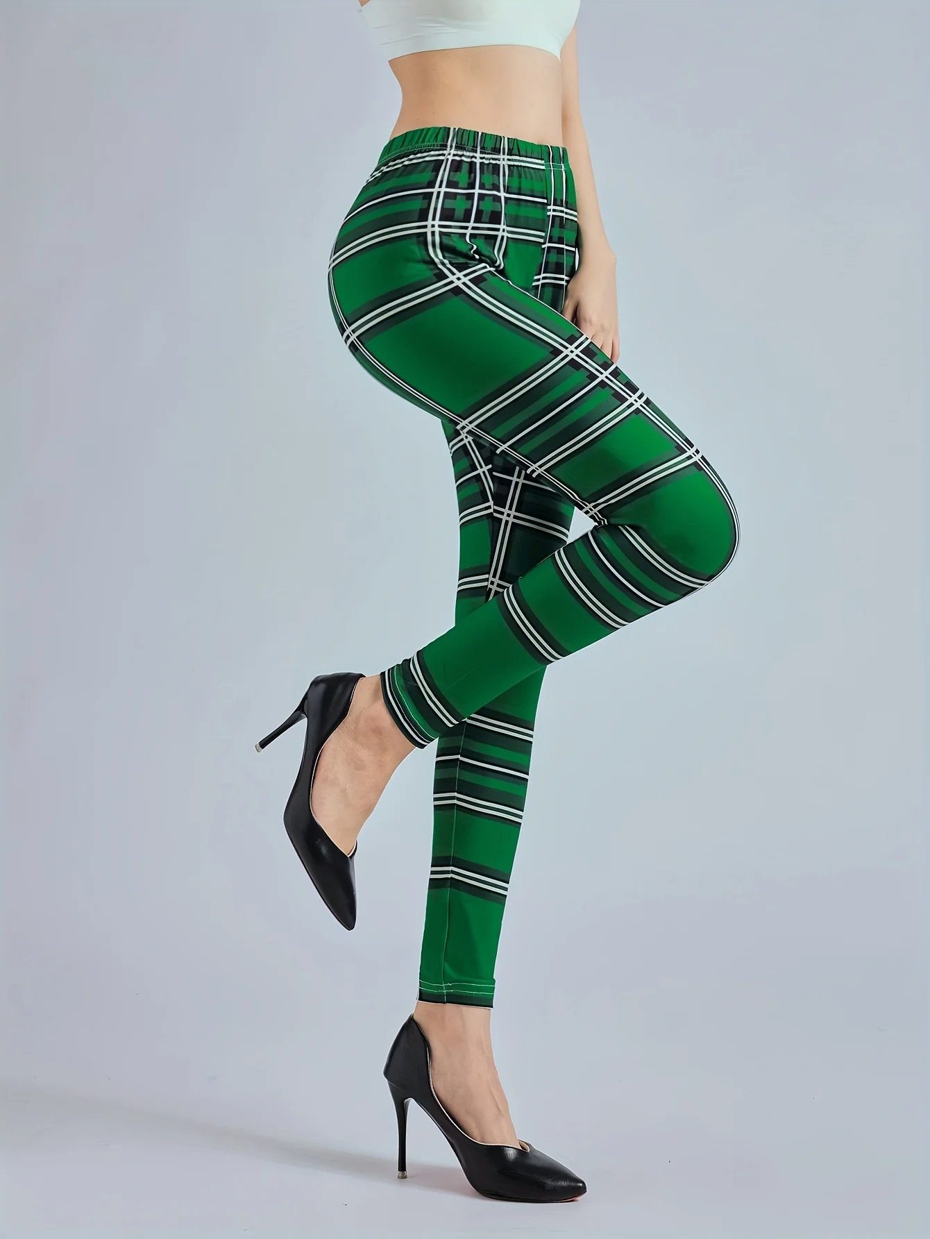 Women\'s Green Checkered Printed Leggings High Waisted And High Elastic Leggings Casual Pencil Pants Tight Pants