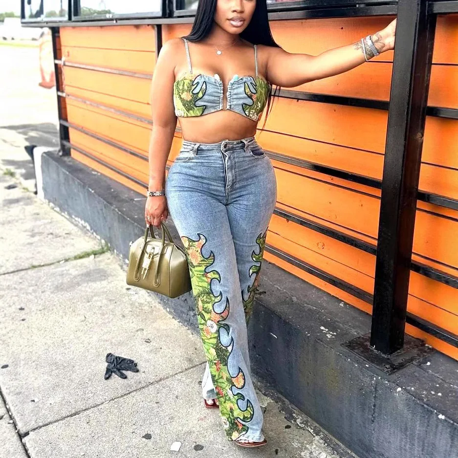

Two Pieces Women Denim Pant Sets Print Matching Sets Pocket Lace Up Sleeveless Cami Zipper Fly Waist Pants Sexy Slim 2026 Summer