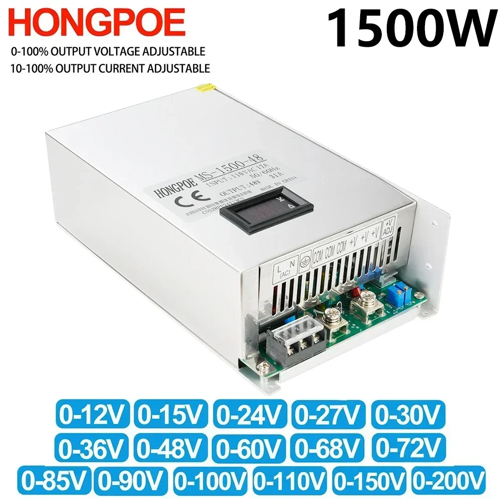 1500W Digital Display Adjustable Power Supply 0-12V 15V 24V 36V 48V 60V 72V 85V 90V 110V 150V 200V 110/220V Ac To Dc Smps