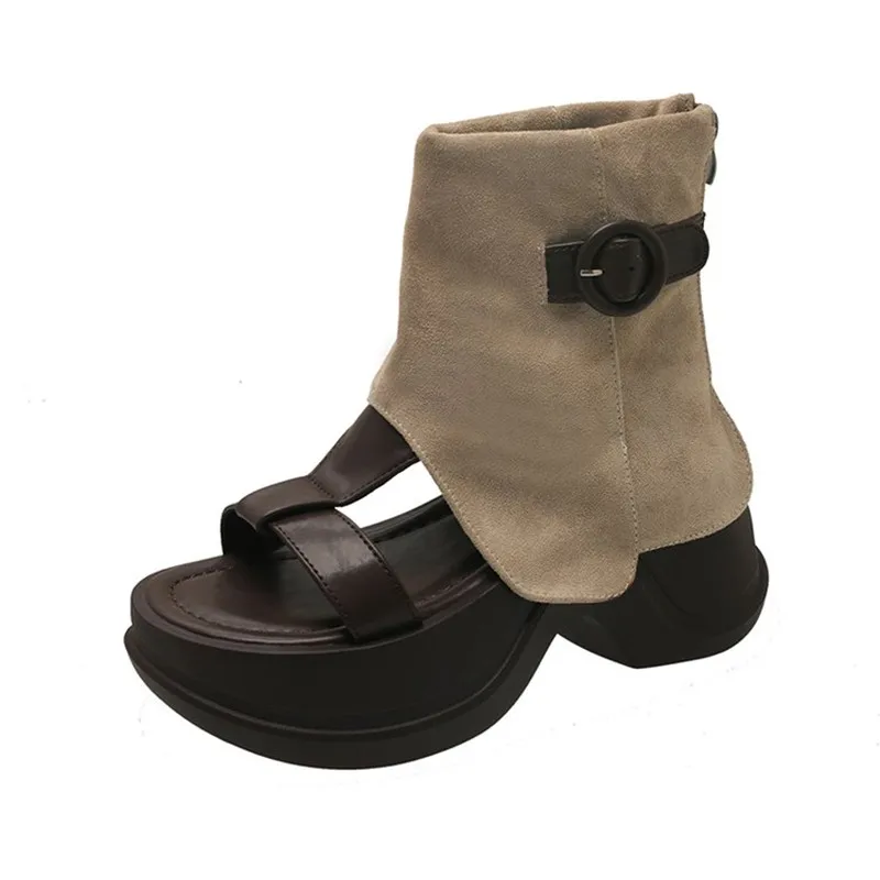 

Luxury Designer Summer High Heel Anti-slip Cooling Boots Women's New All-match Round Toe Small Platform Thick Tube Roman Sandals