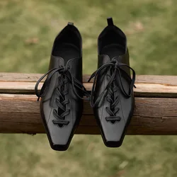 2025 Hot Sale Fashion Low Heel Lace Up Genuine Leather Pumps Women Daily Walk Flats Young Girls Casual Spring Autumn Black Shoes