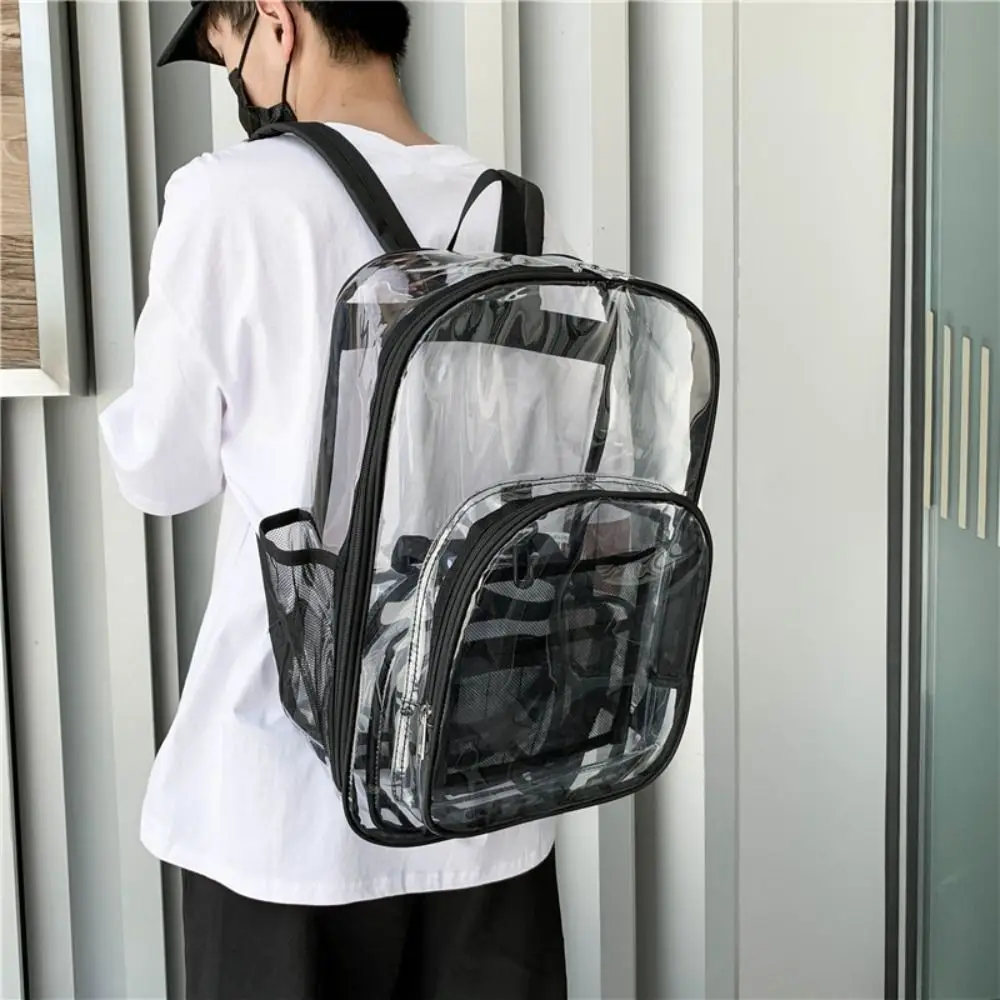 Modischer transparenter PVC-Rucksack mit großer Kapazität, wasserdicht, Schultasche für Schüler, mehrere Taschen, vielseitig kombinierbare durchsichtige Umhängetasche für die Schule. – Detail 12