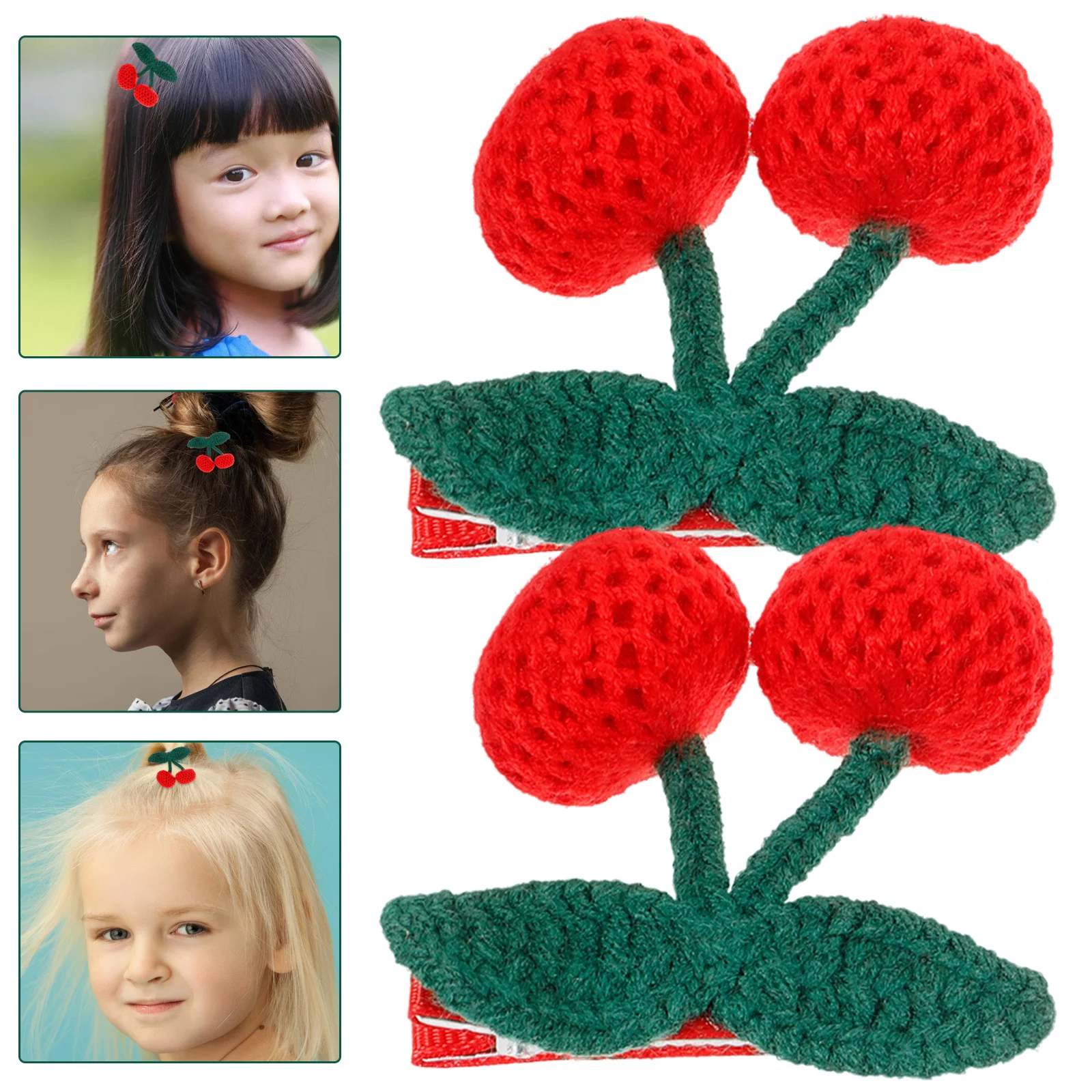 2 قطعة مقاطع شعر الكرز الكروشيه تصميم رائع صغير لفتاة صغيرة تسريحات الشعر مقاطع الشعر الكروشيه الكرز #4