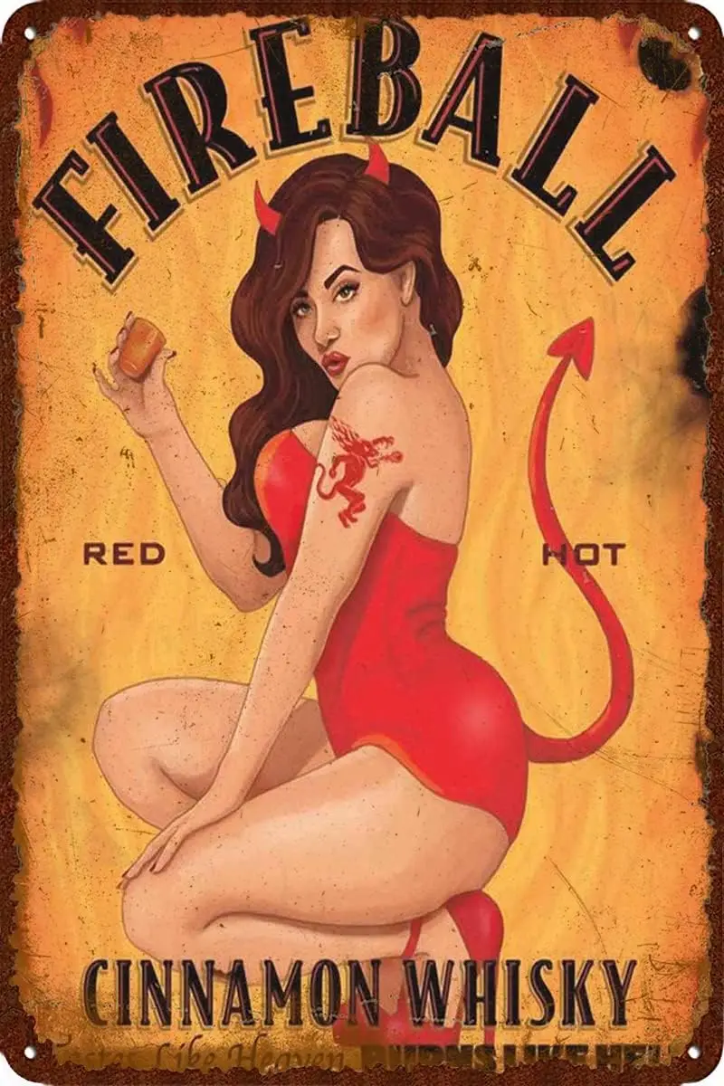 Fireball Cinnamon Whisky Tin Sign Wall Art For Man Cave,Art Poster Bar Pub Garage Kitchen Garden Bathroom Office Home,