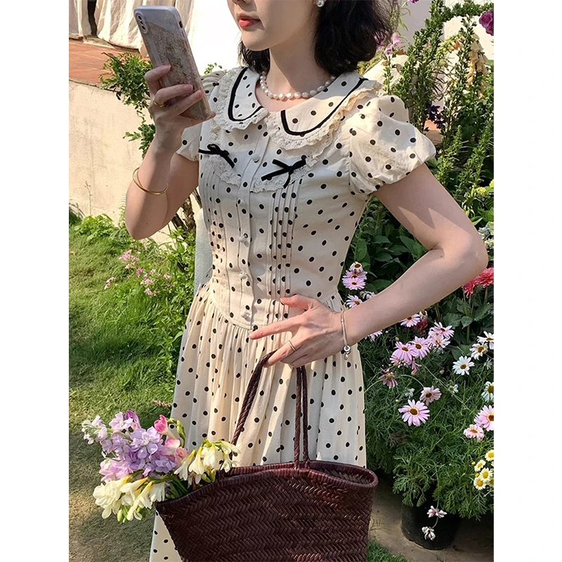 Sukienka midi w kropki vintage damska kawaii kokarda koronkowa sukienka letnia elegancka koreańska bufiaste krótkie rękawy obcisła vestidos